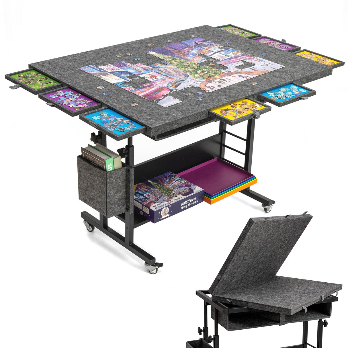Tektalk 2000 Piece Foldable Felt Jigsaw Puzzle Table with Height Adjustment, Puzzle Board for Adults with 2 Cover & 8 Sorting Trays/Drawers, Easel with Legs, Enclosed with 4 Roller Wheels - Dark Gray Tektalk