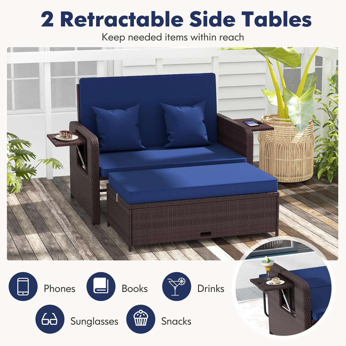 RELAX4LIFE Wicker Patio Outdoor Daybed - Rattan Day Bed Lounger with Loveseat & Storage Ottoman, Sunbed Sofa Set w/Cushions, 4-Level Adjustable Backrest & 2 Retractable Trays, Patio Daybed (Navy) RELAX4LIFE