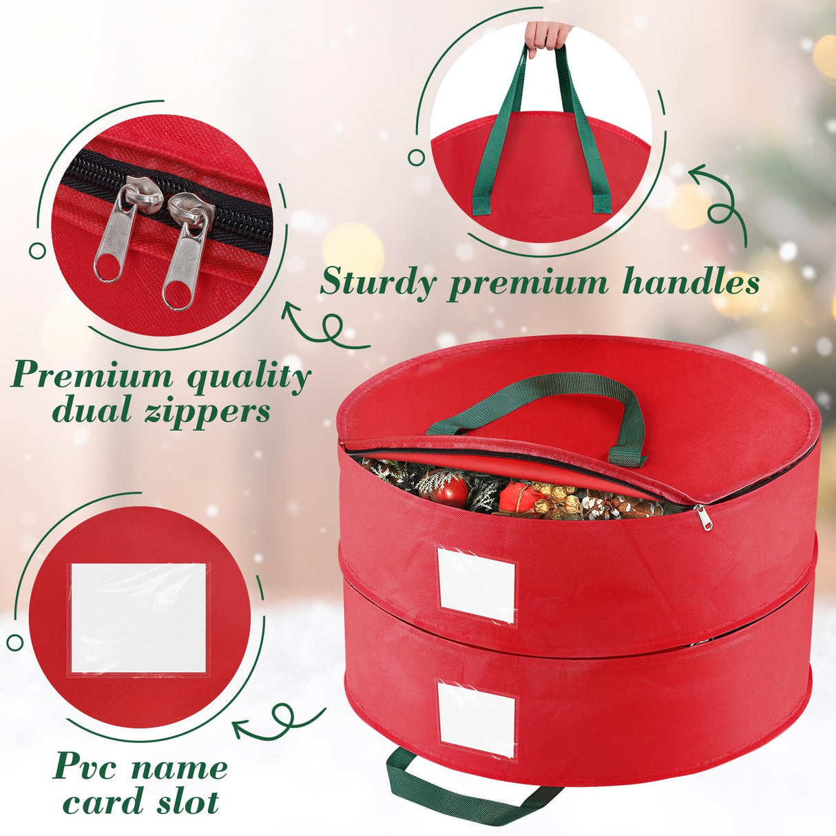 BlessedSeason Wreath Storage Container,Christmas Wreath Storage Bags for 2 Wreath with Dual Zipper and Handles, Dust, Pest Protection,Holiday Wreaths Storage Holder 24” (RED) BlessedSeason