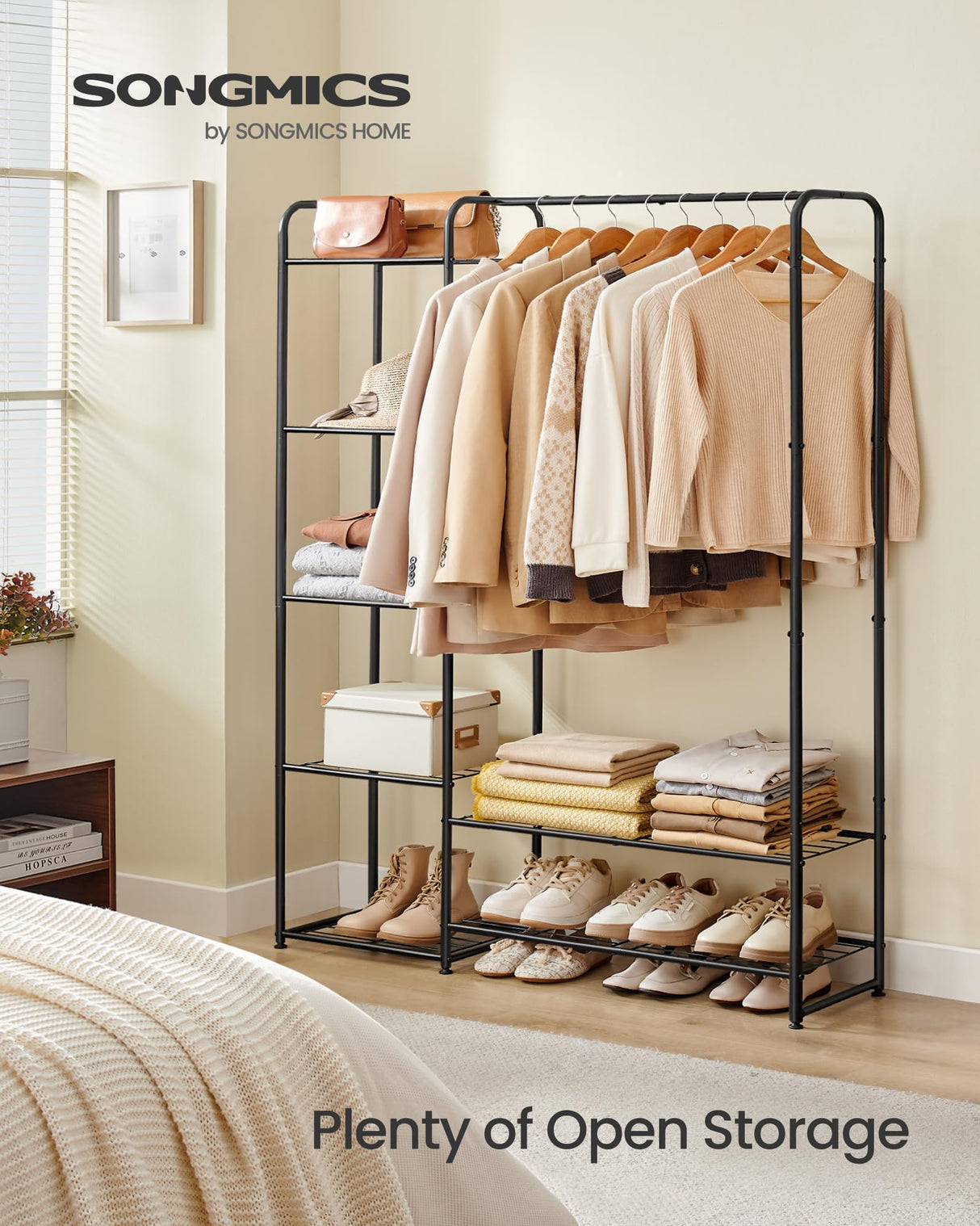 SONGMICS Wardrobe Closet, 44.1 Inch Large Portable Closet, Clothes Rack for Hanging Clothes,Heavy Duty Garment Rack, Storage Organizer with Shelves, 44.1 x 11.4 x 62.4 Inches, Black ULGR462B01 SONGMICS