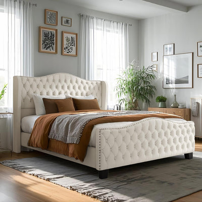 viplov King Size Platform Bed Frame with 51-inch Tall Camelback Headboard & Wingback, Deep Button Tufted Footboard with Nailhead Trim, No Box Spring Needed, Cream