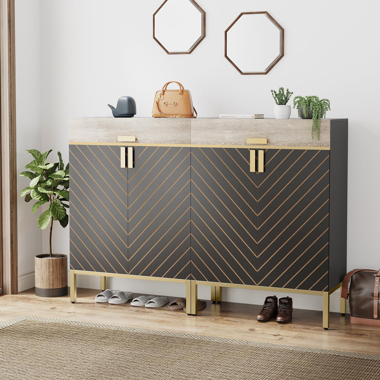 Tribesigns Shoe Cabinet with Drawers, 4-Tier Shoe Organizer with Removable Shelves, Modern Shoe Storage with Doors for Entryway, Hallway, Bedroom, Gray/Gold Tribesigns