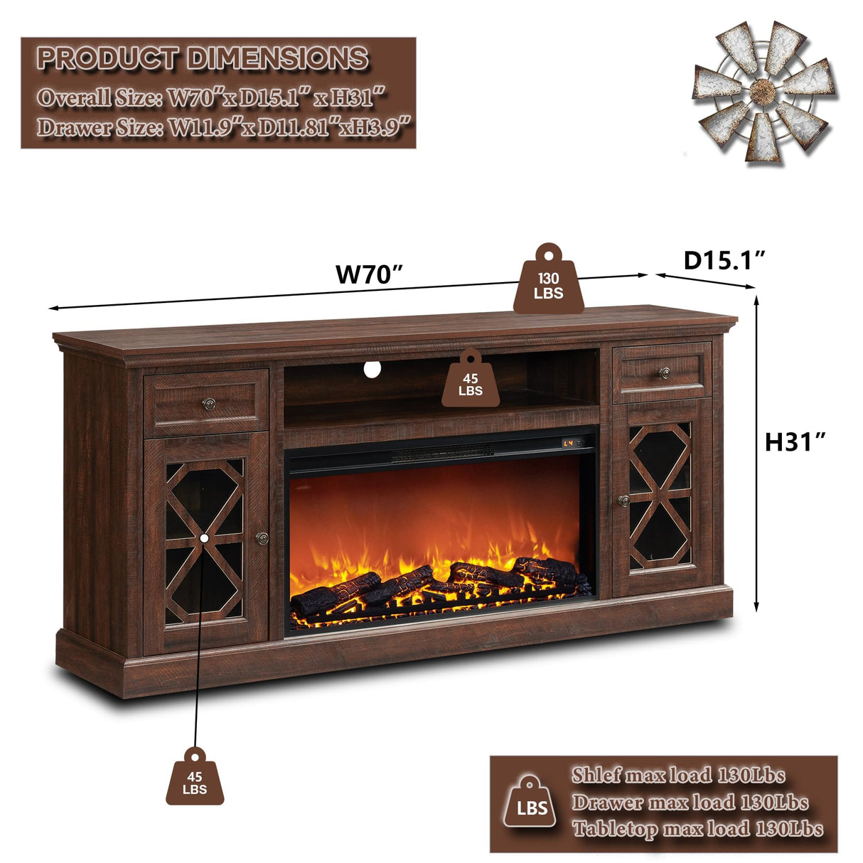 IFGET Farmhouse Fireplace TV Stand with 36" Electric Fireplace for 80 Inch TVs, 31" Tall Entertainment Center w/Drawer & Diamond Panel Door, Highboy Media Console for Living Room, 70inch, Brown IFGET