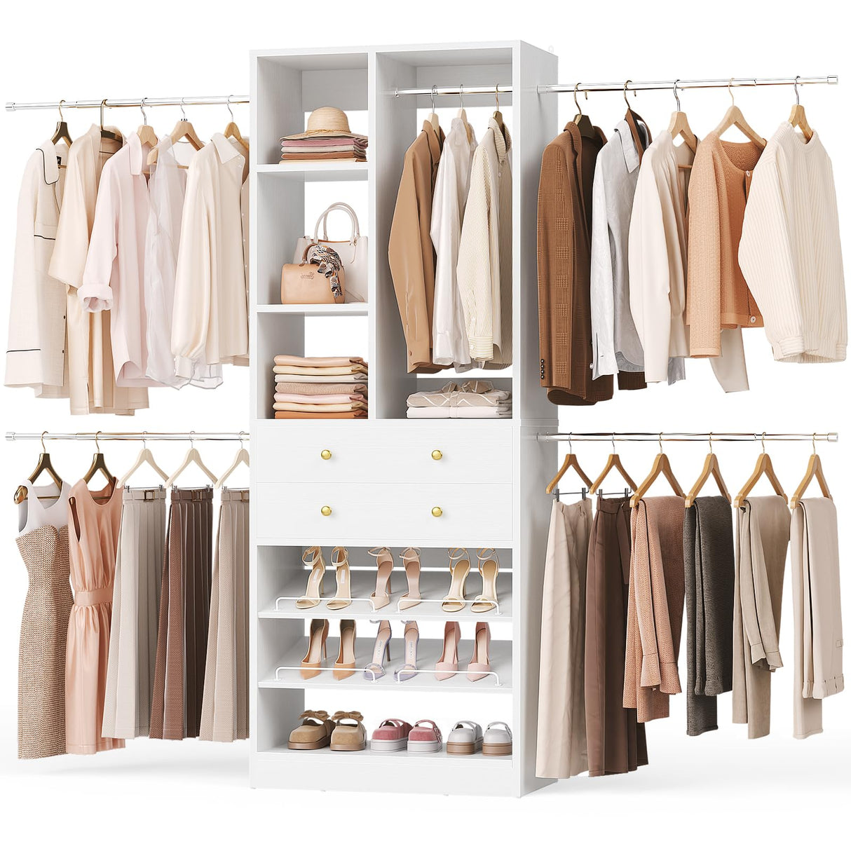 Besiost Closet System, 4.2–8.8 FT Closet Organizer with 2 Wooden Drawers and Shelves, Walk-in Closet System with 5 Hang Rods, Built-in Reach in Closet Tower, Can Fit 60 to 96 inch, White Besiost