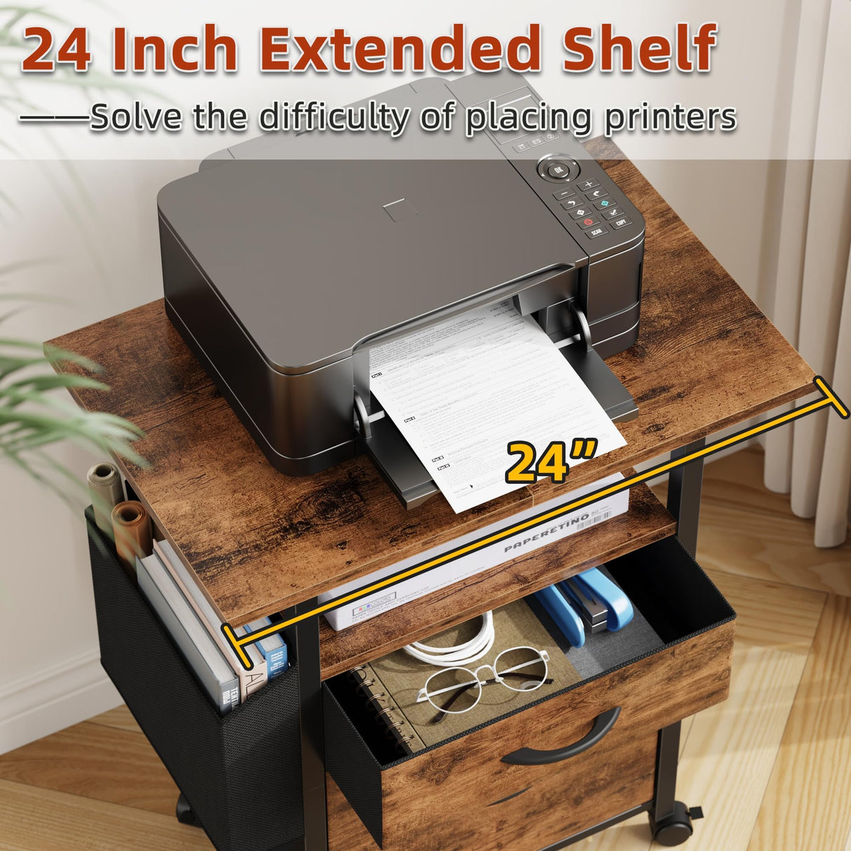 GYIIYUO 2 Drawer File Cabinet with 24'' Extended Desktop, Mobile Filing Cabinet, Rolling File Cabinet with Side Bag, Fabric Drawer, Fits A4/Letter Size, Printer Stand Home Office, Light Brown GYIIYUO