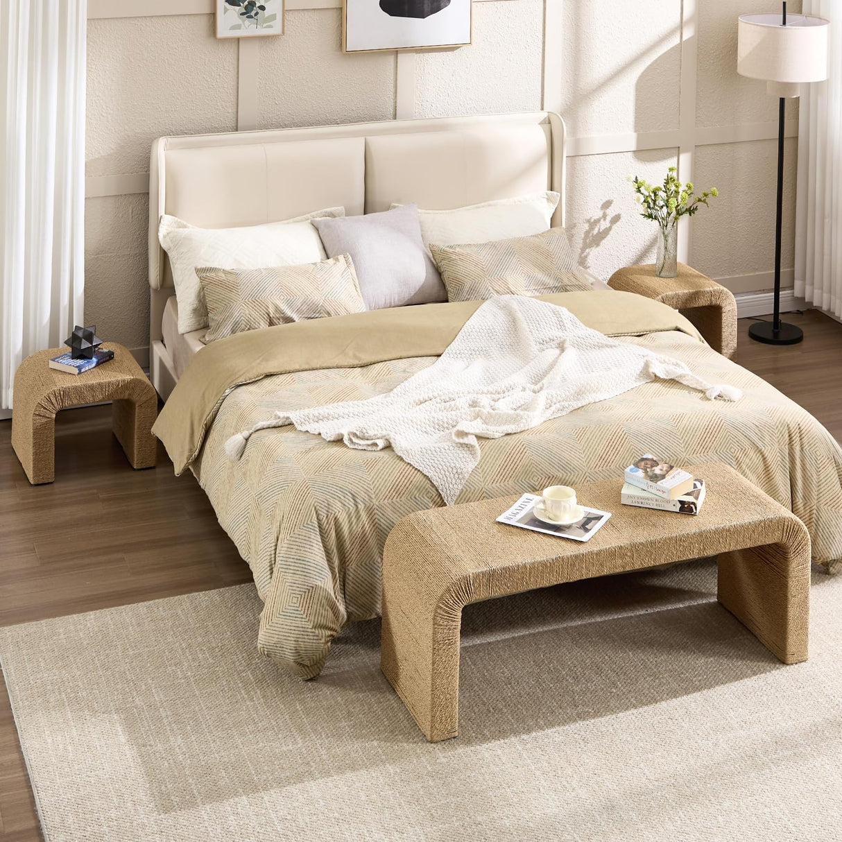 DM Furniture 3-Piece Nesting Woven Rope Coffee Table Set, 47" Modern Farmhouse Waterfall Wood Center Table with 2 Stools Underneath, Boho Coastal Living Room Accent Side End Table, Brown DM Furniture