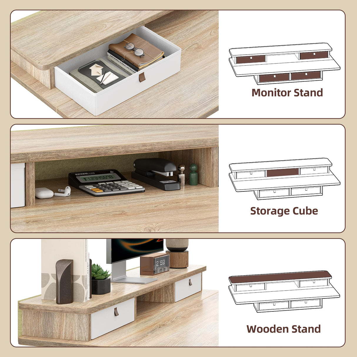 TIQLAB 48 * 28 Inch Standing Desk with Four Drawers, Electric Sit Stand Table, Stand Up Desk Adjustable Height with Storage Shelf, Splice Board, Maple TIQLAB