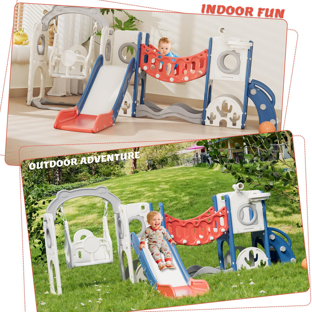 67i Toddler Indoor Playground Slide and Swing Set with Climbing Arch, Golf, Basketball - Outdoor Playset for Toddlers 1-3, Kids Activity Center (Red Blue, with Swing) 67i