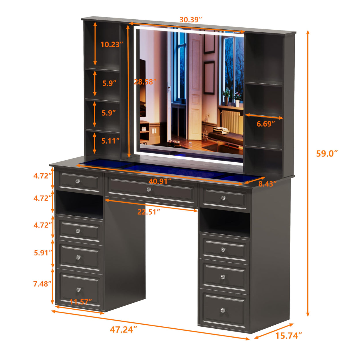 Wildhome Vanity Desk with Mirror and Lights, Glass Top Dressing Table with 9 Drawers, Makeup Vanity with Storage Bench, European Style Vanity, Adjustable Brightness Vanity for Bedroom(Black) Wildhome