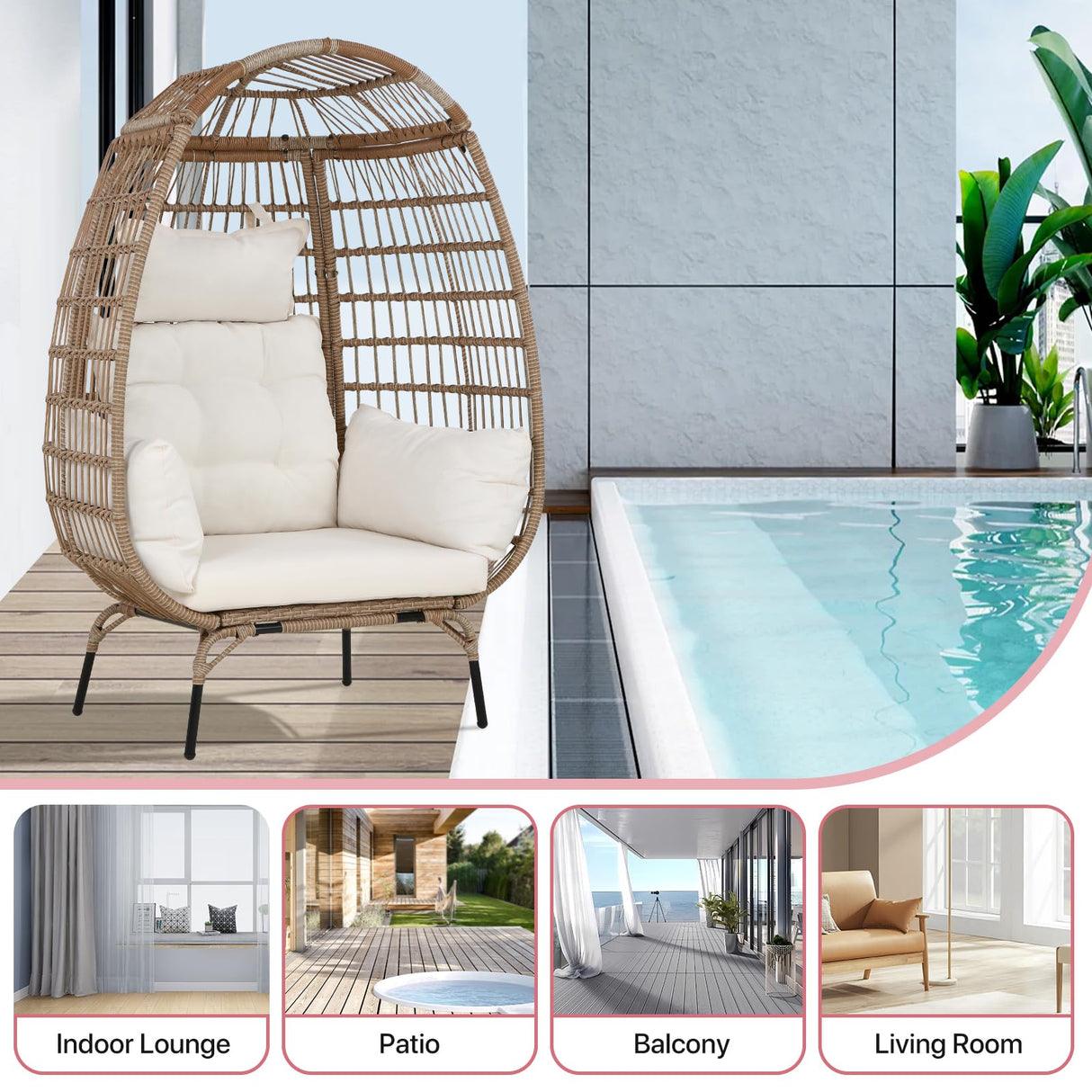 Dkelincs Wicker Egg Chair Indoor Outdoor Lounge Chair Patio Reading Chair Oversized Rattan Egg Chair for Patio, Backyard, Garden, Living Room w/ 4 Cushions Steel Frame, 352lb Capacity(White) Dkelincs
