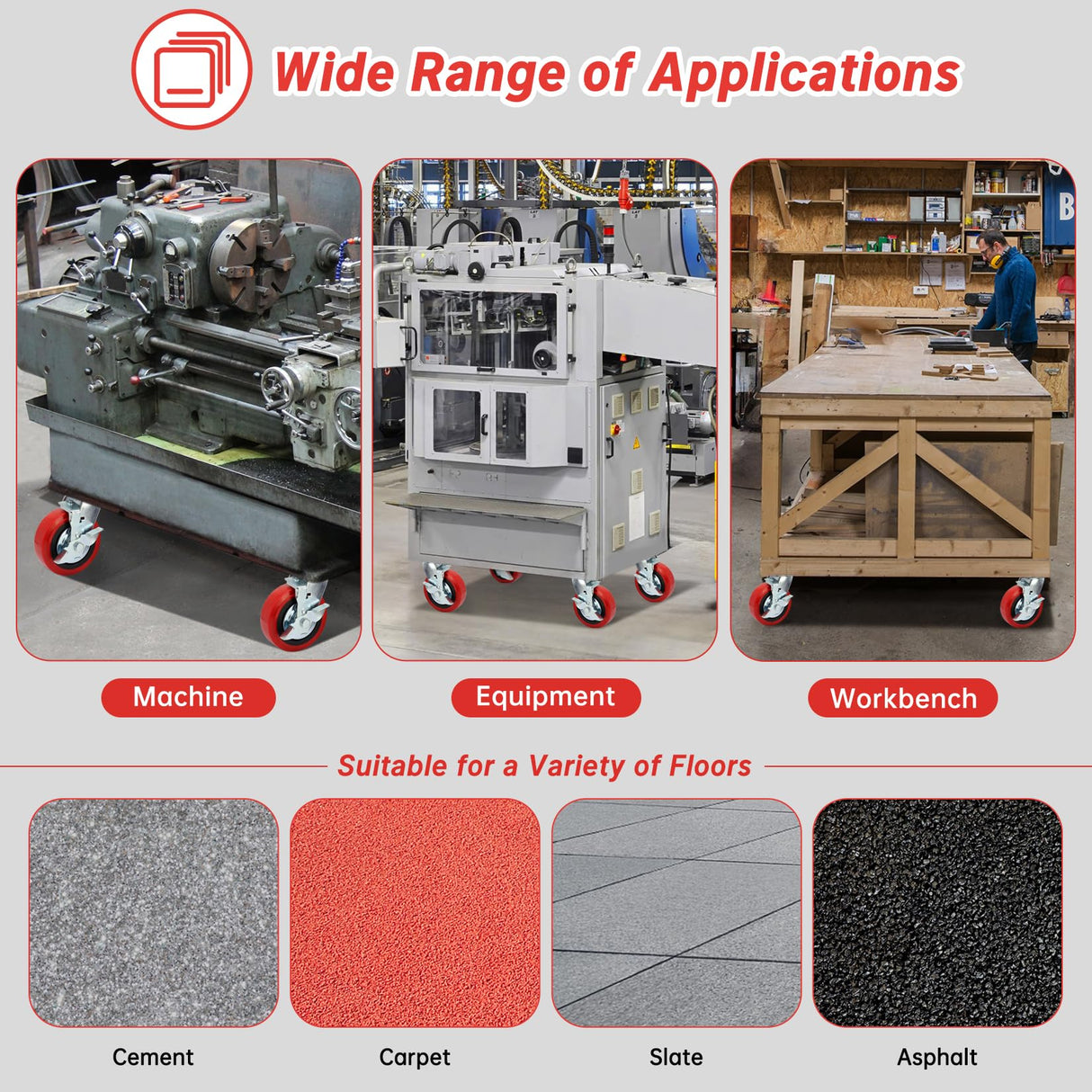 Nefish 6 Inch Industrial Grade Casters Wheels, Heavy Duty Polyurethane Casters Set of 4 with Dual Ball Bearing, Solid Polyurethane Wheel 4500 Lb, Plate Swivel Casters for Cart, Industrial, Machine Nefish