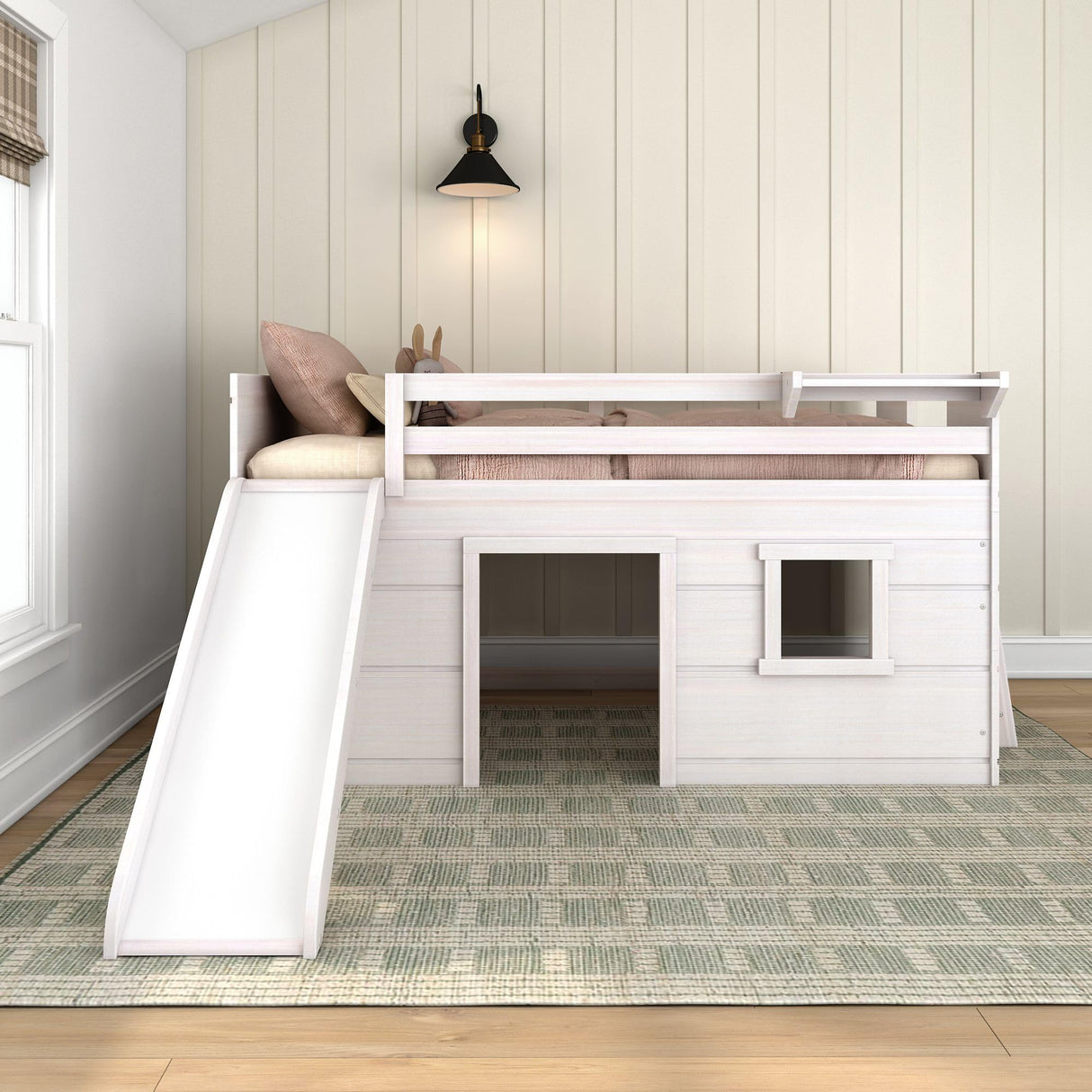 Max & Lily Loft Bed Twin Size, Solid Wood Low Loft Bed with Slide and Ladder, Modern Farmhouse Loft Bed for Kids, White Wash Max & Lily