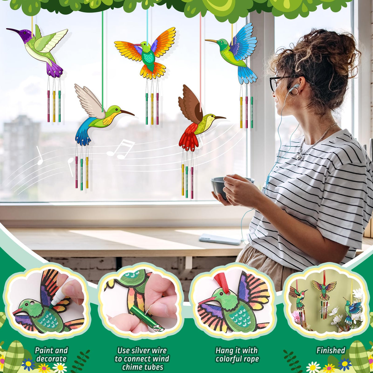 6 Pack Hummingbird Wind Chime Kit for Kids to Paint Make You Own Spring Wind Chimes Wooden Art Arts and Crafts Bird Ornaments Spring Smmer Party Decoration for Kids and Adults BAPHILE