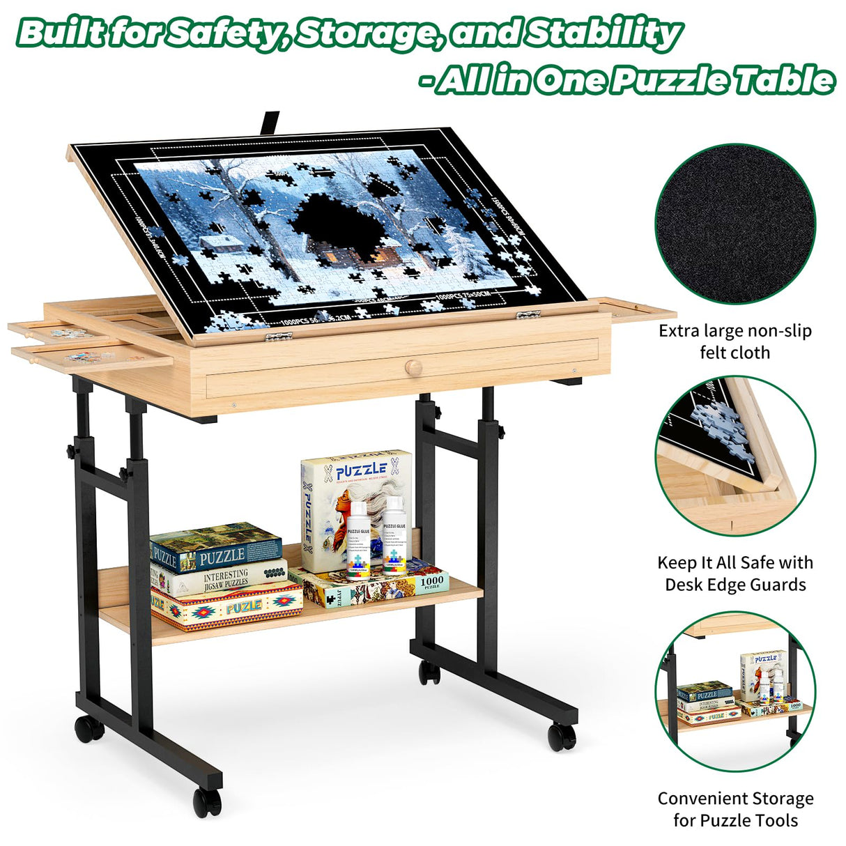 Large Puzzle Table with Drawer for 300-1500 Piece Jigsaw Puzzles – Adjustable Height & Angle, Wooden Puzzle Board with Felt PP Cover, Storage Shelf, Metal Stand, Wheels for Adults & Enthusiasts CEDARDVD