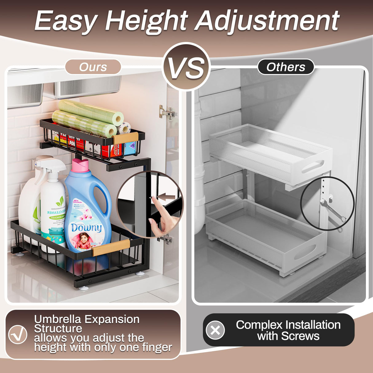 ADBIU Under Sink Organizer, 2 Pack 2 Tier Expandable Height (13.2" - 17.2") Pulling Out Kitchen Bathroom Cabinet Organizers ADBIU