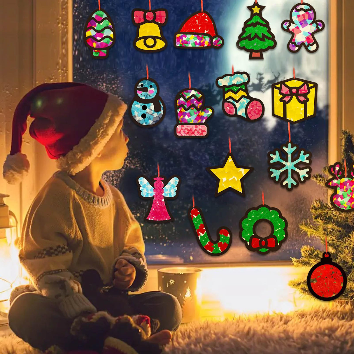 32 Set Christmas DIY Craft Kits,Christmas Tissue Paper Sign Craft Kit Christmas Tree Ornaments Suncatchers Craft Craft for Winter Xmas Classroom School Decorations DIY Art Project Activities Cinrobiye