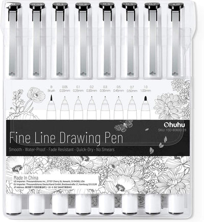 Ohuhu Fineliner Pens Micro Drawing Pens: 8-size Tips (Ultra-fine, Fine & Brush) Waterproof Pigment Black Ink for Illustration Drawing Journaling Sketching for Artist Beginners
