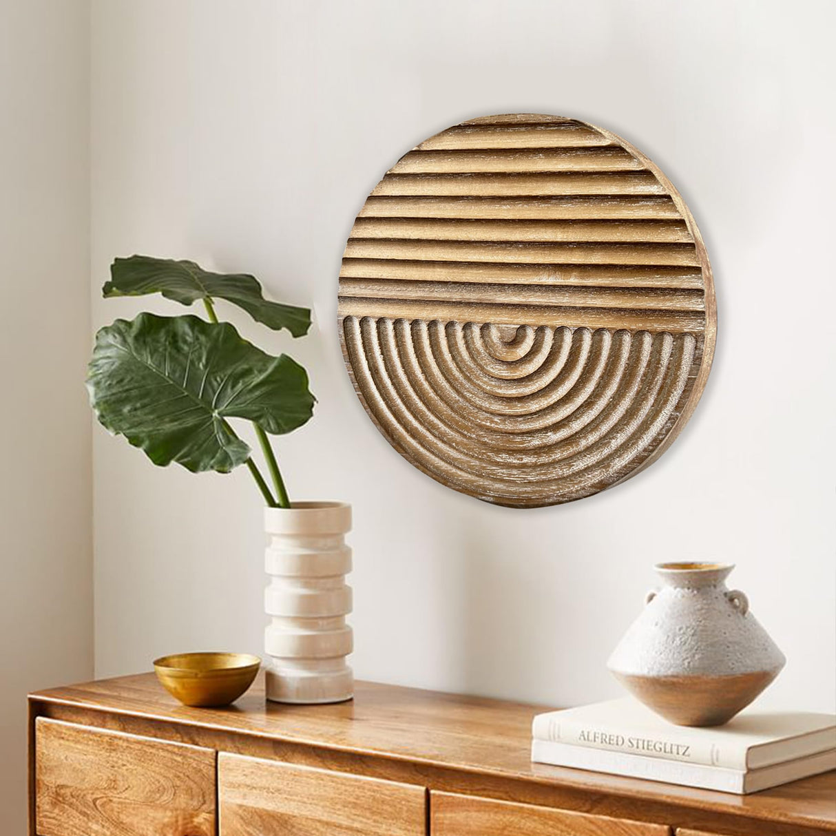 Musanpou Hand-carved Wood Wall Decor featuring Artistic Round Design for Farmhouse and Country-style Interiors | Wall Art Decoration | 11.8 inches x 11.8 inches (Natural) Musanpou