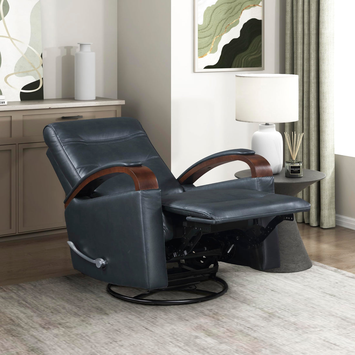 Lexicon 360 Degree Swivel Glider Reclining Chair, Breathable Faux Leather Manual Recliner, Comfy Nursery Glider Recliner, Swivel Reclining Chair for Living Room/Office/Bedroom/Apartment, Dark Blue Lexicon