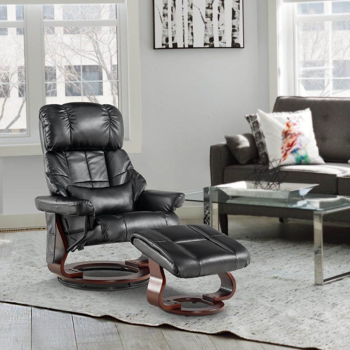 MCombo Manual Swivel Recliner with Ottoman, Reclining Chair with Vibration Massage for Small Spaces, Living Room, Office, Faux Leather 9068 (Black) MCombo