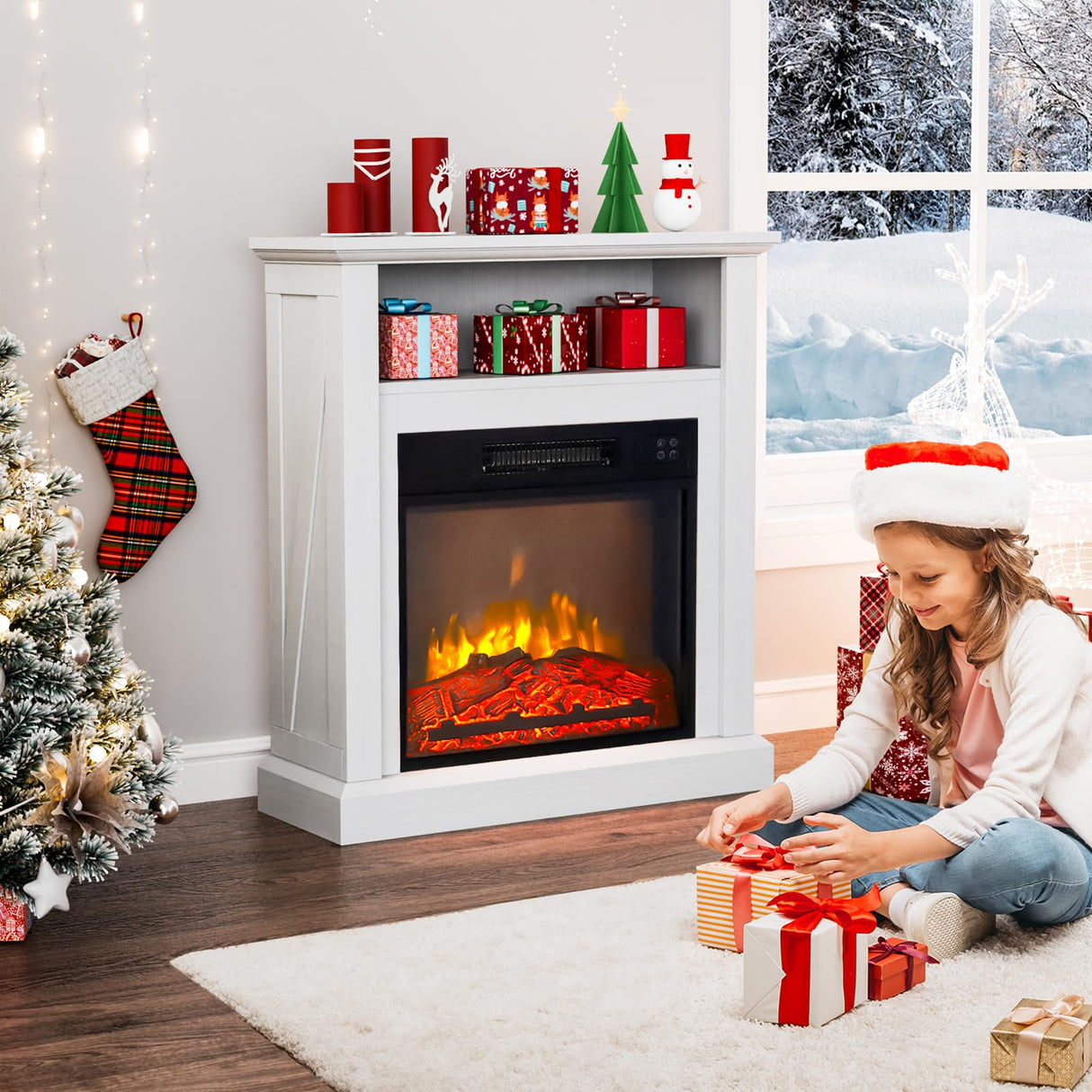 ROVSUN 30'' Electric Fireplace with Mantel, Freestanding Heater with Remote, Timer, Realistic Flame & Adjustable Temperature for Home Bedroom Living Room Indoor, 1400W ROVSUN