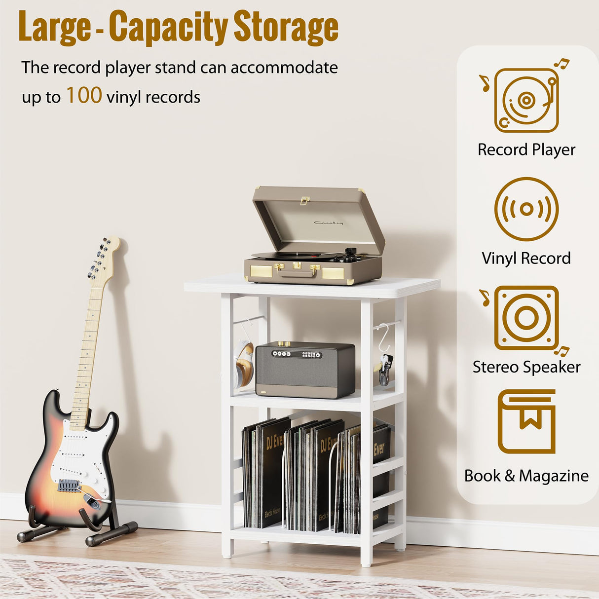 YAKANJ Record Player Stand with Extended Desktop,Large Record Player Table with Vinyl Storage,Turntable Stand with Record Holder Vinyls Display Shelf for Music Room Studio,White YAKANJ