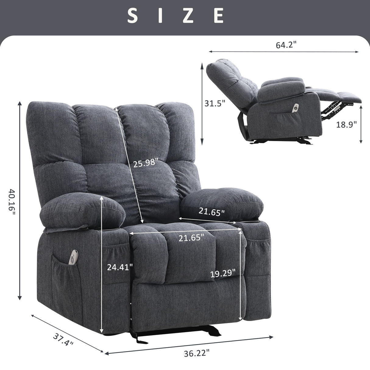 Massage Recliner Chair for Adults with Lumbar Heating Rocker Recliners with 2 Cup Holders and USB Charge Port for Living Room KWKSV