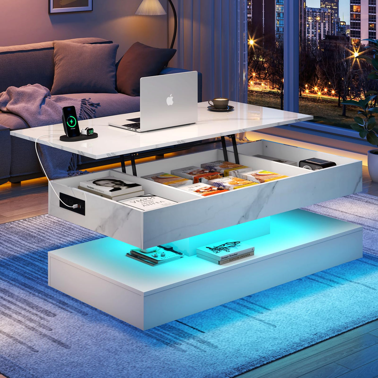 chartustriable 47.2" Large Lift Top Coffee Table with Charging Station, LED Modern High Glossy Center Table with Hidden Compartment Storage, White Lift Living Room Tables with Marbling Print, White chartustriable