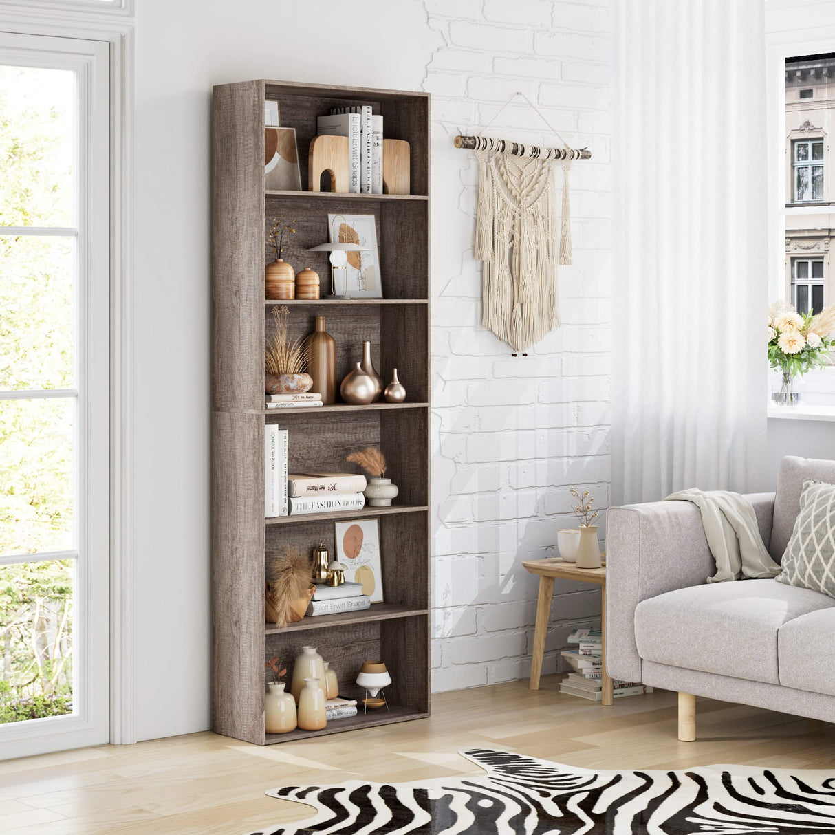 FOTOSOK 6-Tier Oak Open Bookcase – Stylish Freestanding Storage for Living Room, Bedroom & Office FOTOSOK