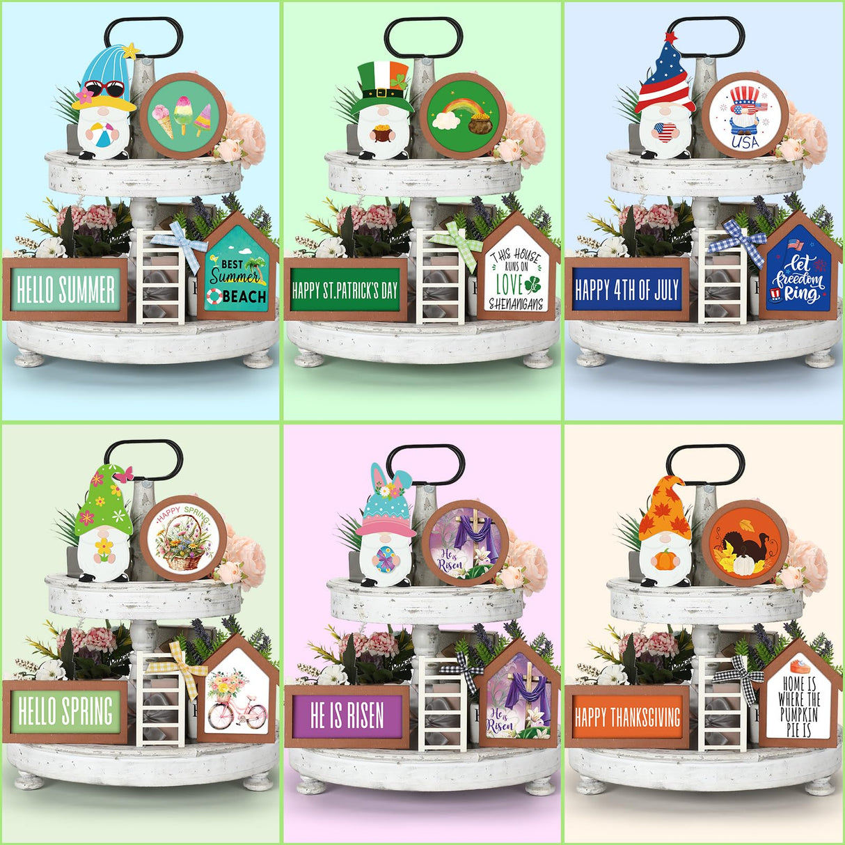 Lineshading 65 Pcs Christmas Farmhouse Tiered Tray Decor Set Interchangeable Round Seasonal Year Tray Decorations Holiday Rustic Wooden Frames Arch Ladders Cards Bow Knot for Kitchen Table Home Decor Lineshading