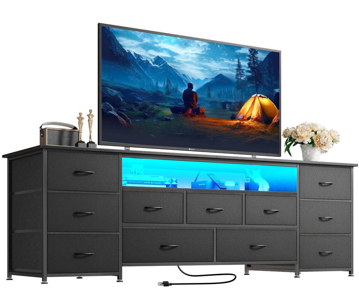 Huuger 63 Inch TV Stand for 65, 70 Inch TV, 11 Drawer Long Dresser with Power Outlets and LED Lights, Entertainment Center with Storage, Black Dresser with PU Leather Surface Huuger