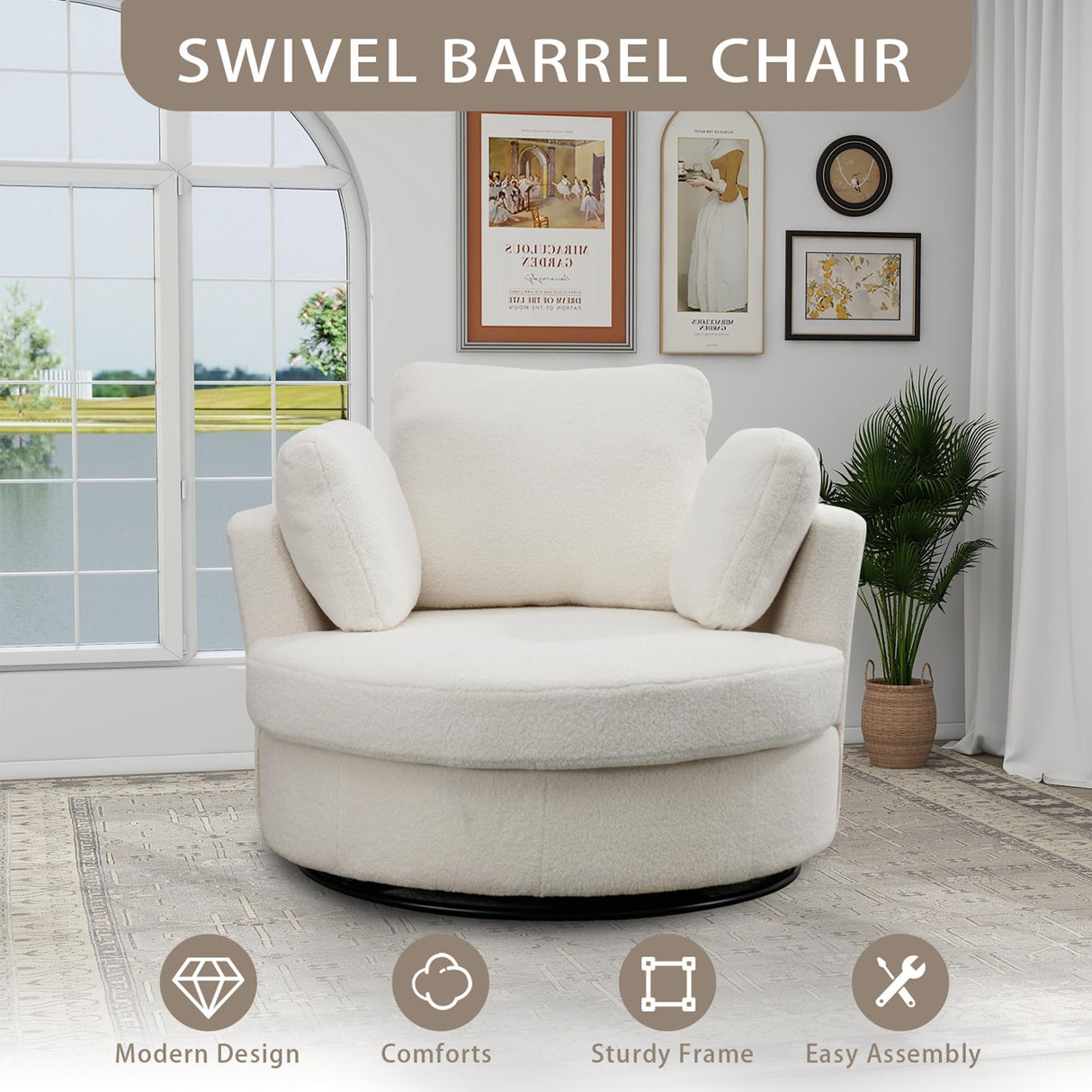 Chifee & Vingol 42.2" Oversized Swivel Accent Chair Round Barrel Chair,Sherpa,Ivory Chifee & Vingol