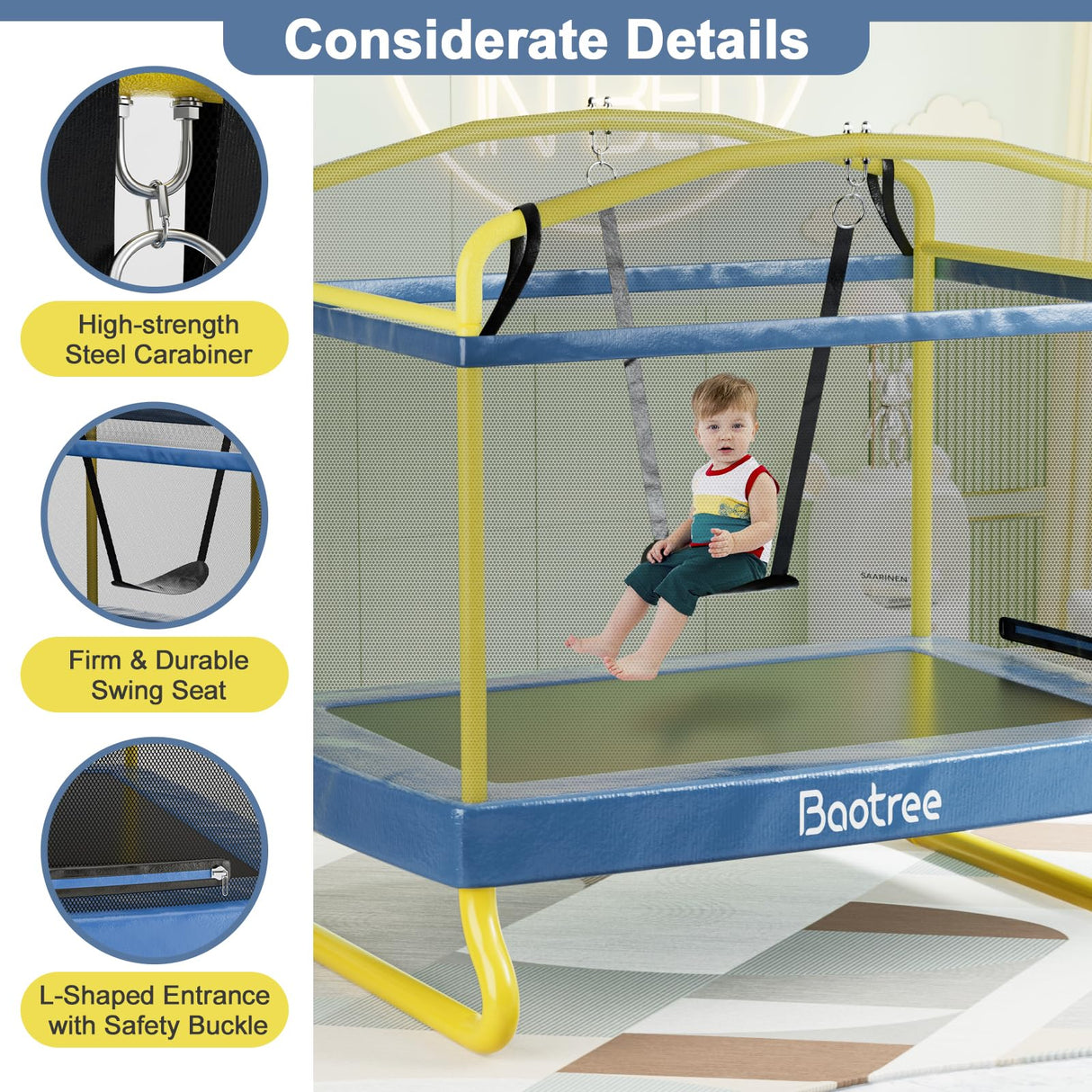 6.5FT Rectangle Trampoline for Kids, 78”ASTM Approved Recreational Trampolines with Swing, Small Toddler Trampoline with Safety Enclosure Net, Outdoor and Backyard, Gifts for Children & Boys & Girls Baotree