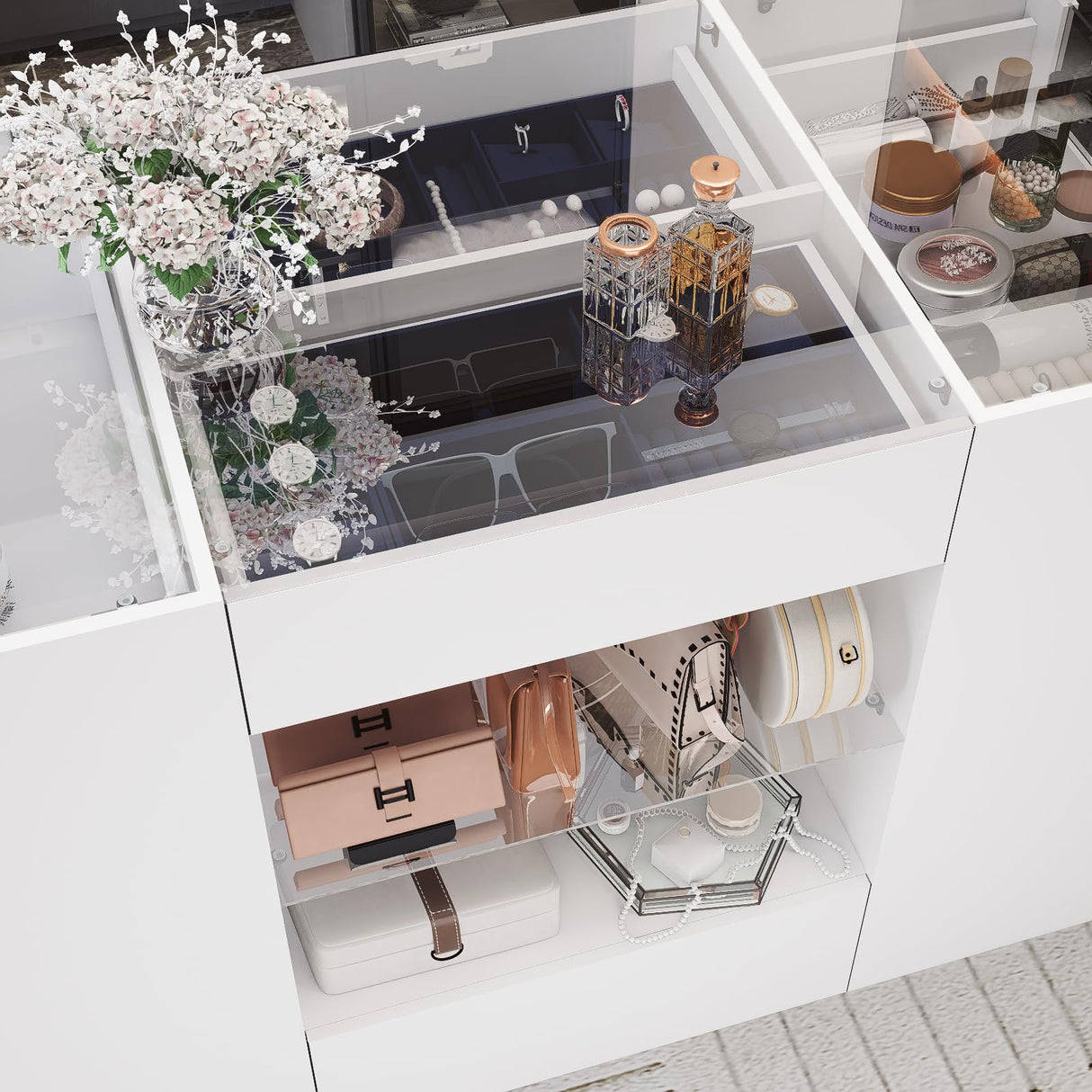 LIVAUVEAD Closet Island with Drawers, Wardrobe Armoire Bedroom Island, Glass Display Shelf & 12 Drawers, White Dresser with Glass Top, Walk-in Closet Island for Bedroom, Cloakroom LIVAUVEAD