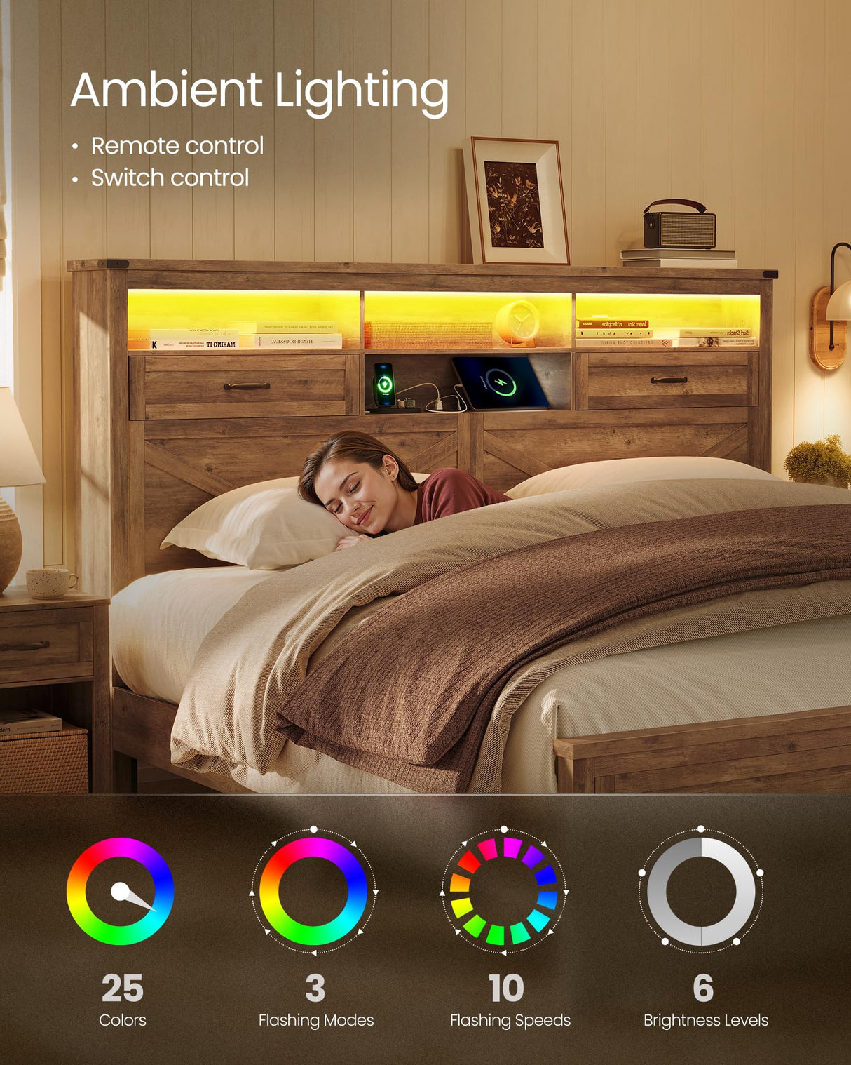 VASAGLE King Bed Frame with Storage Headboard, 51.3-Inch Tall Farmhouse Bed Frame King Size with 4 Drawers, LED Lights, Charging Station, Noise-Free, No Box Spring Needed, Honey Brown URMB424K01S VASAGLE