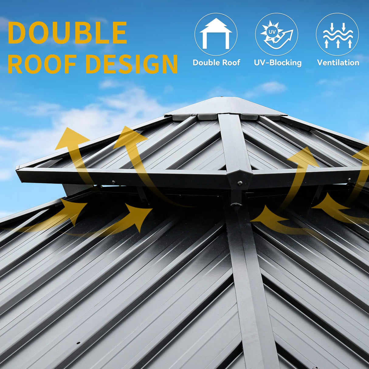 DWVO 10x10ft Hardtop Gazebo Double Roof with Nettings and Curtains, Heavy Duty Galvanized Steel Outdoor Vertical Stripes Roof for Patio, Backyard, Deck, Lawns, Brown DWVO