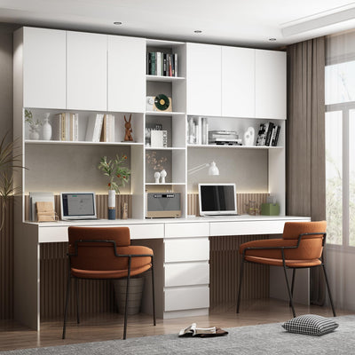 AIEGLE Double Office Desk with Drawers and Doors, 2-Person Home Office Desk with Storage Shelves, Double Computer Desk Workstation with Bookshelf, Study Writing Table for Home Office, Type A - White