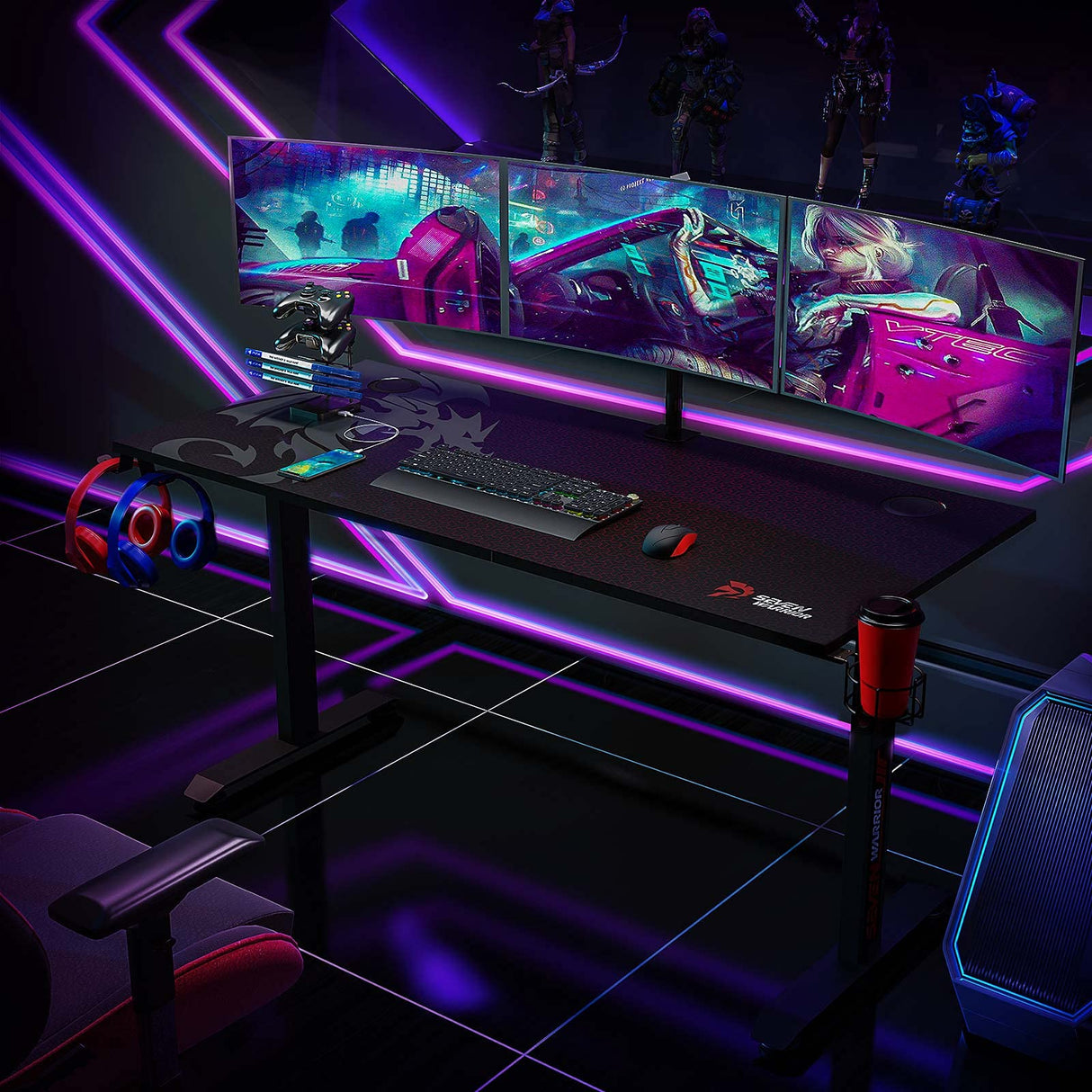 SEVEN WARRIOR Gaming Desk 55’’, T-Shaped Carbon Fiber Surface Computer Desk with Full Mouse Pad, Gamer Desk with Headphone Hook, USB Rack, Cup Holder SEVEN WARRIOR