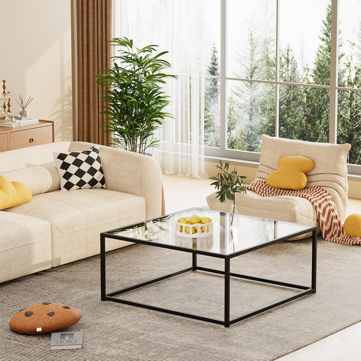 Black Glass Coffee Table for Living Room,Square Coffee Tables for Small Spaces,Simple Tea Cocktail Modern Center Tables, Living Room Tables,Easy Assembly,26 * 26in(Black & Clear Glass) Adompacat