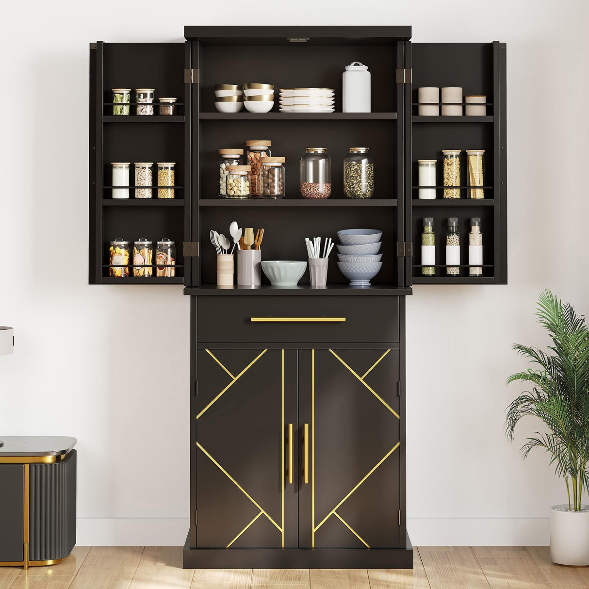 DWVO 72" Kitchen Pantry Storage Cabinet, Tall Modern Food Buffet Cabinets with Drawer & Adjustable Shelves & Door Rack, Freestanding Wood Storage Cupboard for Dining Room, Living Room, Bathroom, Black DWVO