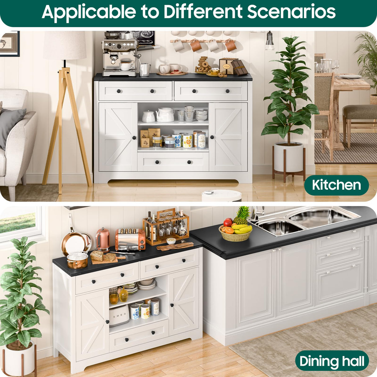 Vabches Farmhouse Sideboard Buffet Cabinet, Kitchen Storage Cabinet with 3 Large Drawers and 2 Doors Wood Rustic Sideboard Buffet Cabinet for Kitchen, Living Room, White Vabches