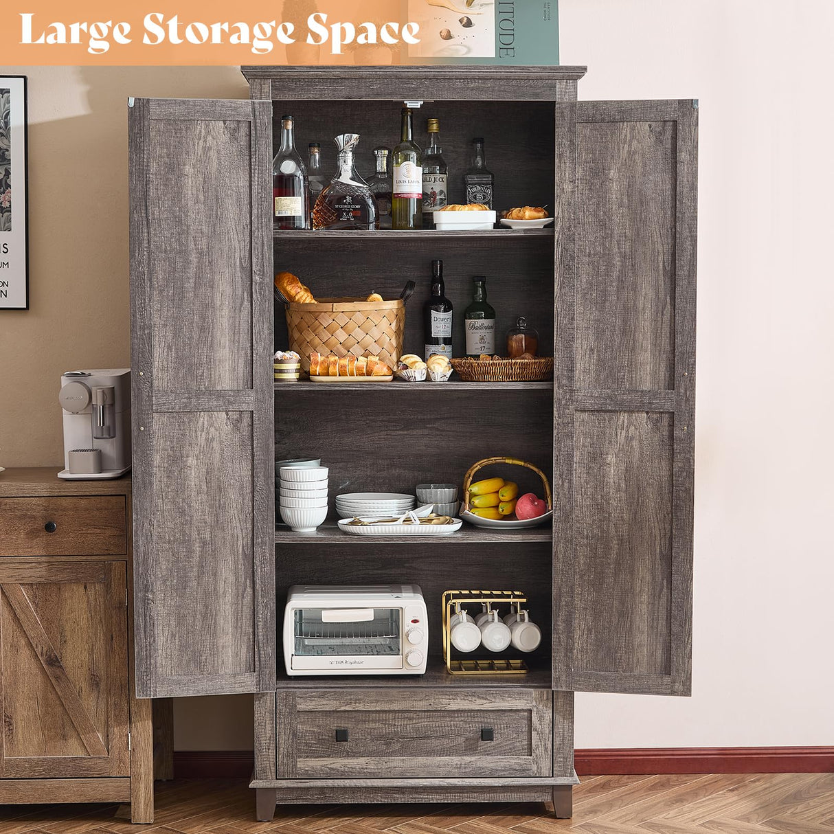 AMERLIFE 72" Tall Kitchen Pantry Storage Cabinet, Farmhouse Food Pantry Cabinet for Kitchen, Living Room, Dining Room, Adjustable Shelves and Drawer, Rustic Grey AMERLIFE