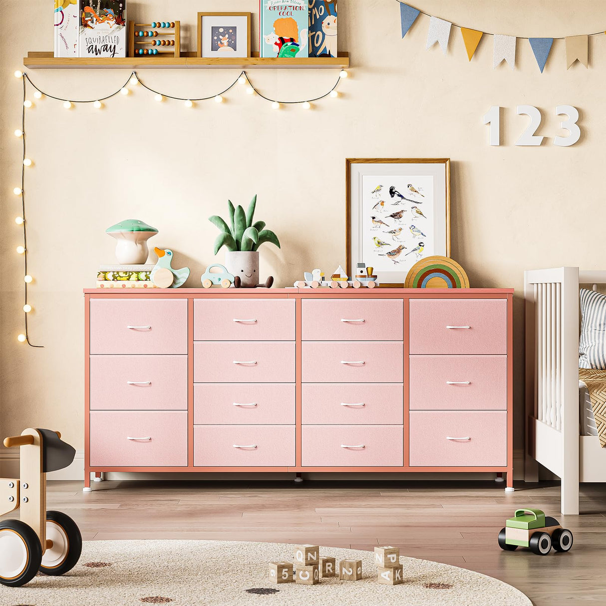 Patikuin 63" W Dresser Tv Stand for 65 70 75 Inch Tv, 14 Drawer for Bedroom with Power Outlets, Large Long Fabric Dresser Entertainment Center Patikuin