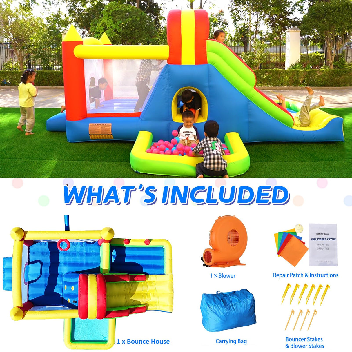HuaKastro Large Bounce House for Big Kids – Inflatable Playground with Tall Slide, Climbing Wall, Water Pool, Bouncy Ball Pit, Tunnel, Ring Toss Cones, Perfect for Backyard Party Family Gatherings HuaKastro