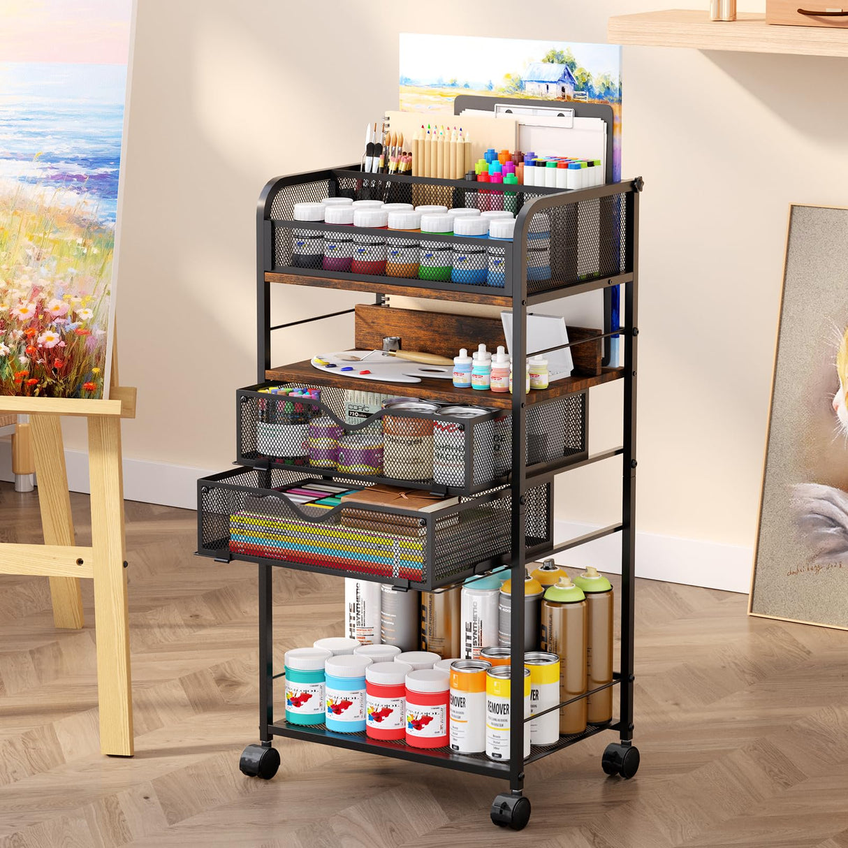 Art cart, 5 Tier Rolling Cart - Utility Cart with Storage Drawer and Wheels, Versatile Art & Craft Organizer for Home, Office, or Studio Ideal for Storing Brushes, Paints Homsorout