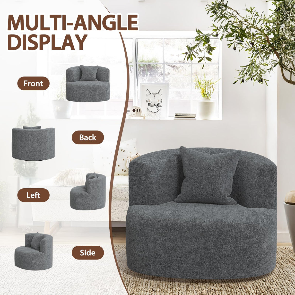 SGHATAJ Modern Swivel Accent Chair, 360-Degree Round Swivel Barrel Chair with Removable Pillow, Upholstered Boucle Accent Chairs for Living Room,Bedroom,Coffee Bar (Elegant Grey) SGHATAJ