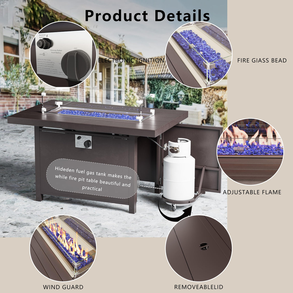 ASJMR Patio Furniture Set,8 Pieces Modern Outdoor Conversation Set w/43in Gas Fire Pit Table, Outdoor Metal Sectional Sofa with 55000 BTU Propane Fire Pit. ASJMR