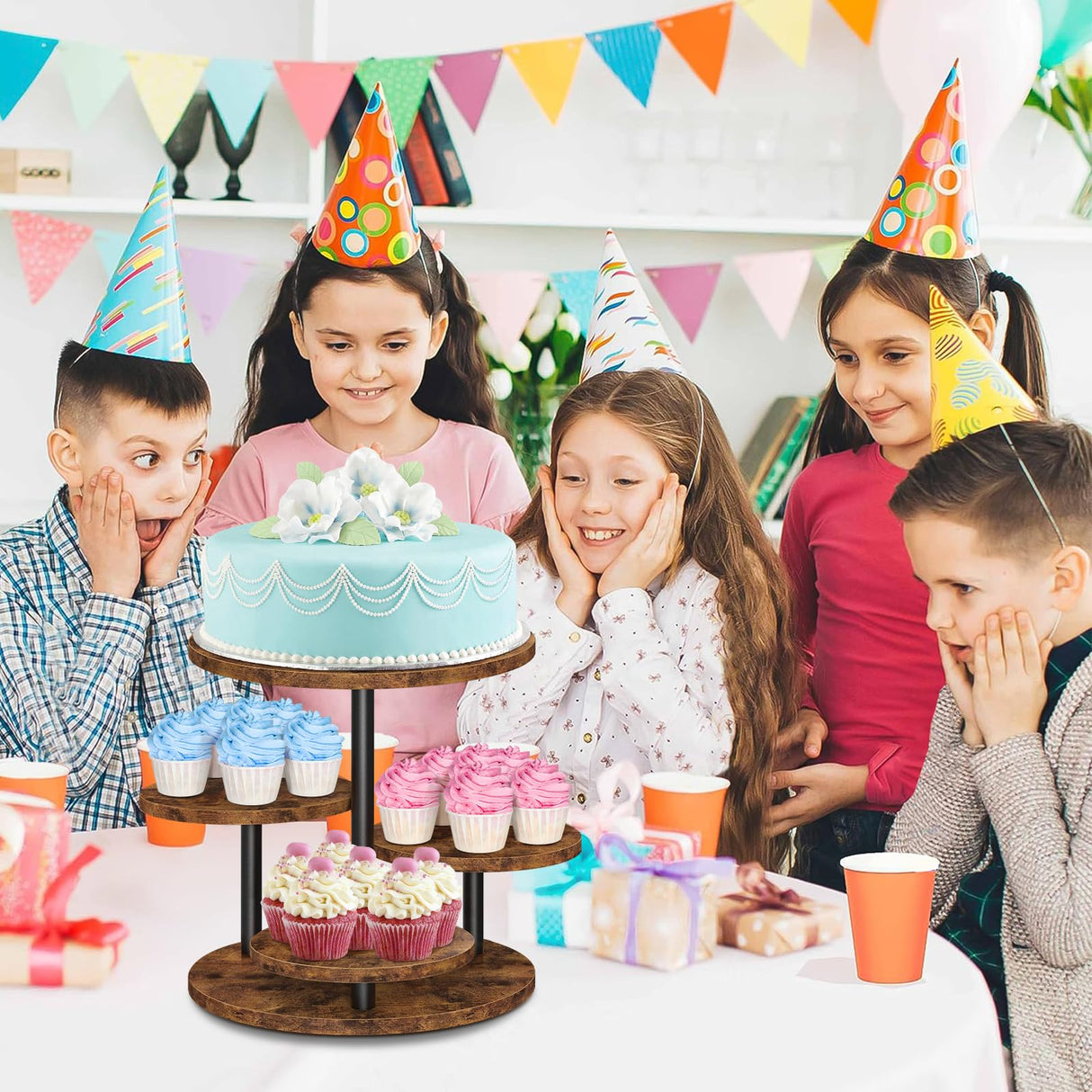 ELITEROO 4 Tier Round Cupcake Tower Stand for 50 Cupcakes, Wooden Rotatable Cake Stands with Tiered Tray, Farmhouse Wood Dessert Display Platter for Birthday Graduation Baby Shower Wedding Tea Party ELITEROO