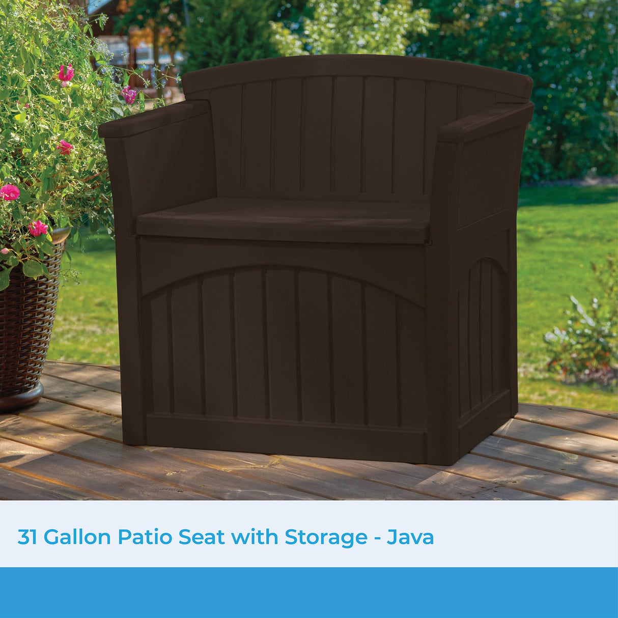 Suncast 31 Gallon Outdoor Backyard Garden Patio Seat Storage and Bench Chair with Arm Rest, Java Suncast