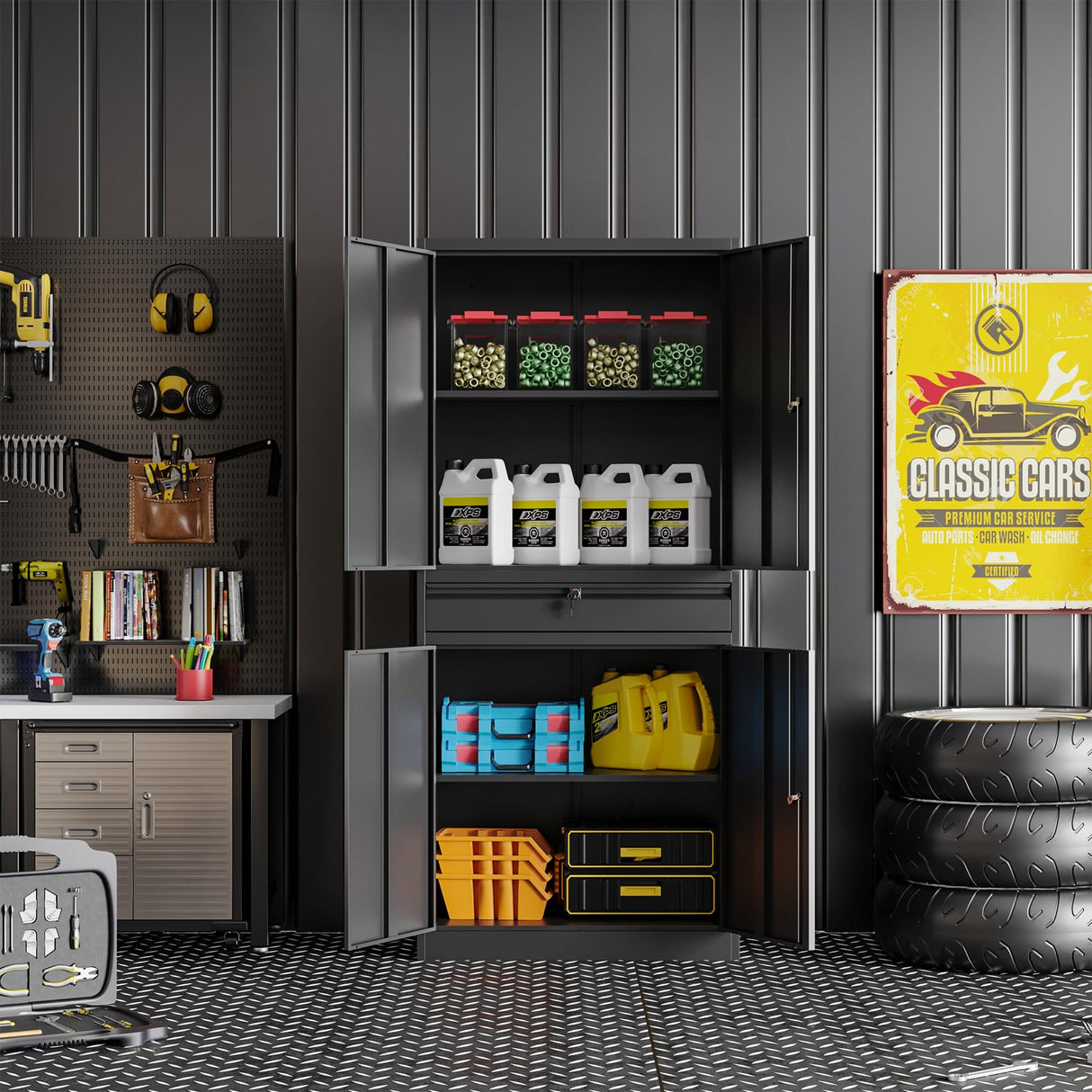 BYNSOE Metal Storage Cabinet with Locking Metal Garage Cabinet with Adjustable Shelves Tool Storage Cabinet with 1drawer Steel Locker Cabinet for Home Garage (Black-71 0 Caster) BYNSOE